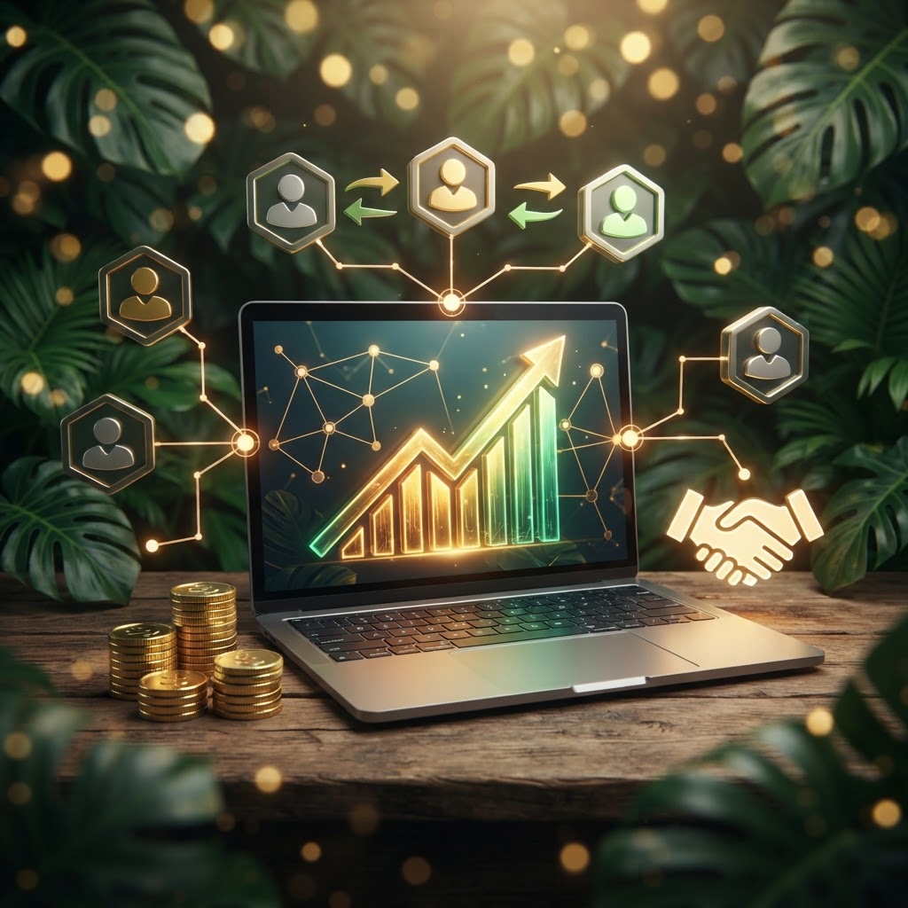 Handshake over a laptop showing rising earnings chart in Fair Go green and gold – affiliate partnership