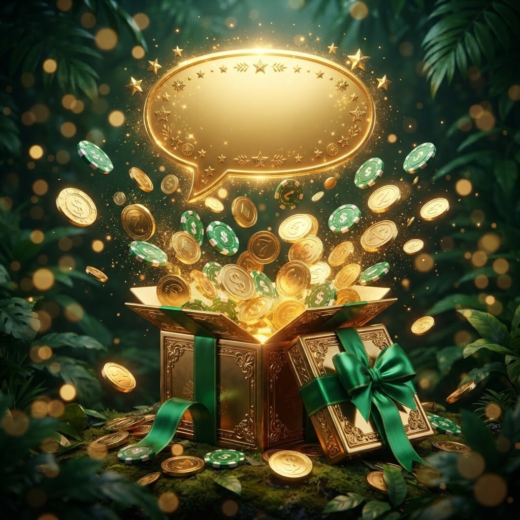 Gold gift box bursting with coins and green casino chips – Fair Go welcome bonus