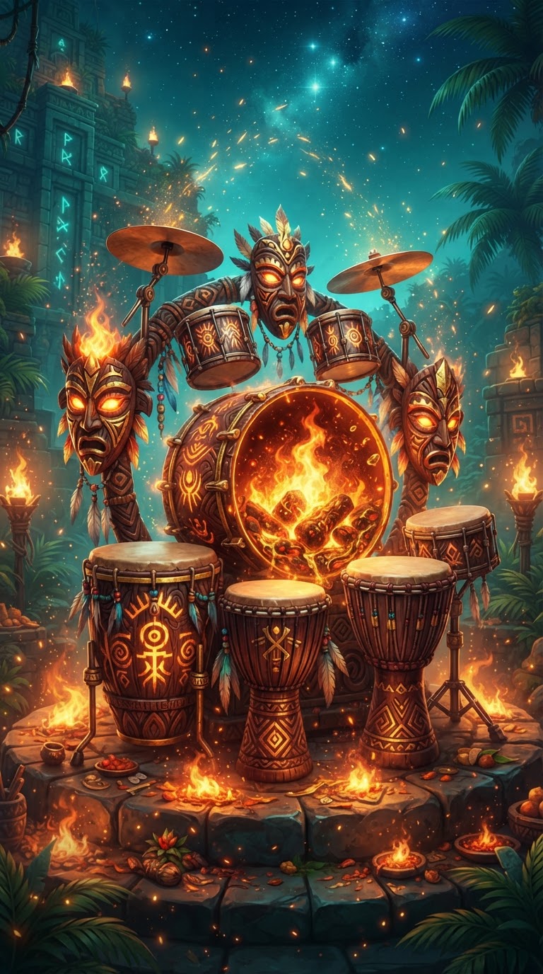 Mighty Drums pokie – tribal drums with fire