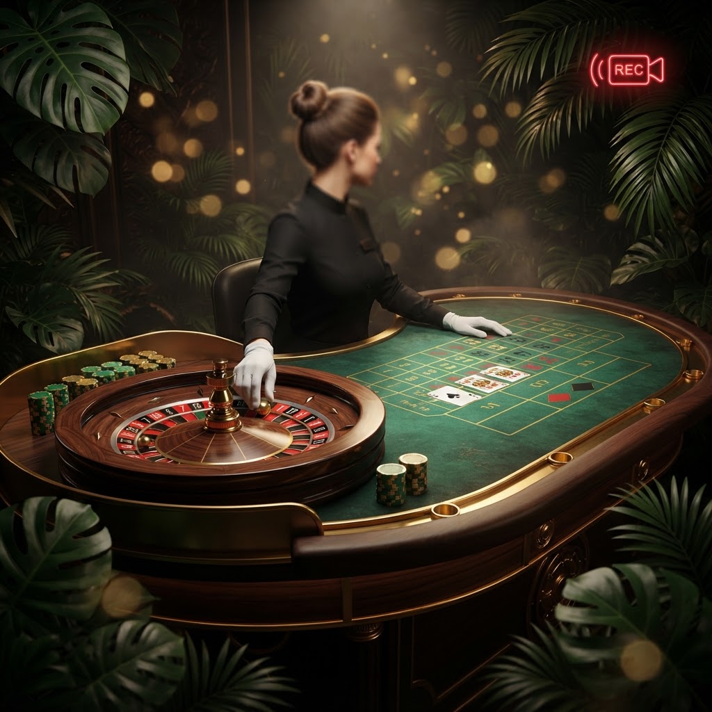 Green felt table with cards, chips and roulette wheel – table games at Fair Go Casino