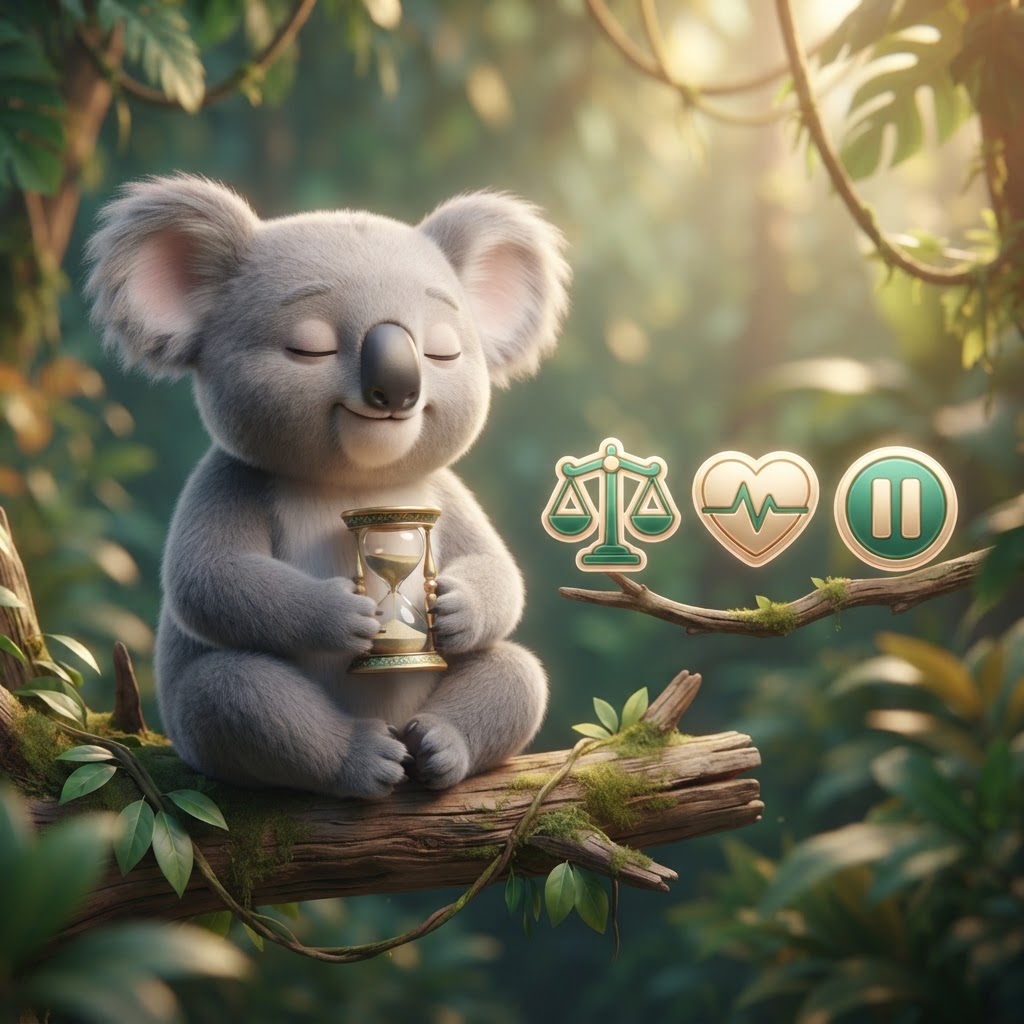 Relaxed koala holding an hourglass with scale and heart icons – responsible gambling at Fair Go